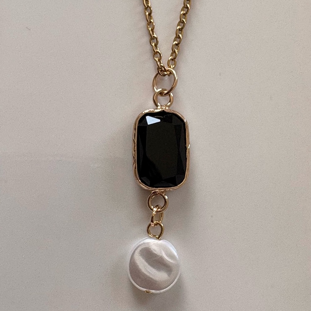 Gold Necklace with Black Stone and Pearl Pendant